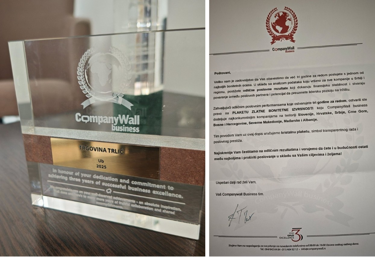 CompanyWall Business zlatna bonitetna plaketa dodeljena Trgovini Trlić za poslovnu izvrsnost 2025